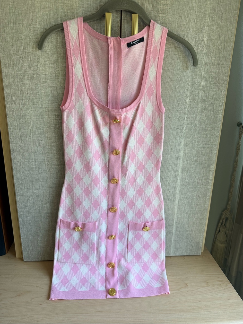 Balmain Pink and White Argyle Knit stretchy bodycon Mini Dress with Gold Button - Picture 1 of 5